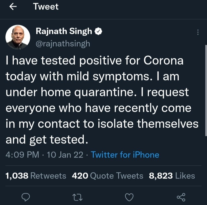रक्षा मंत्री राजनाथ सिंह हुए कोरोना संक्रमित, ट्वीट कर दी जानकारी