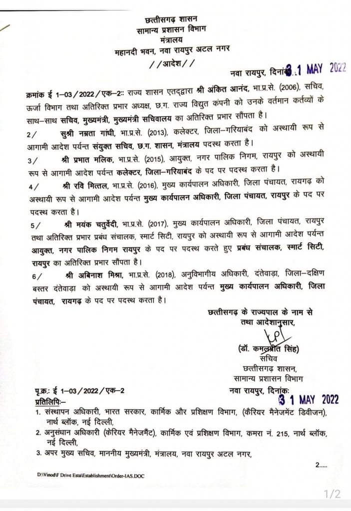 Chhattisgarh IAS Transferred